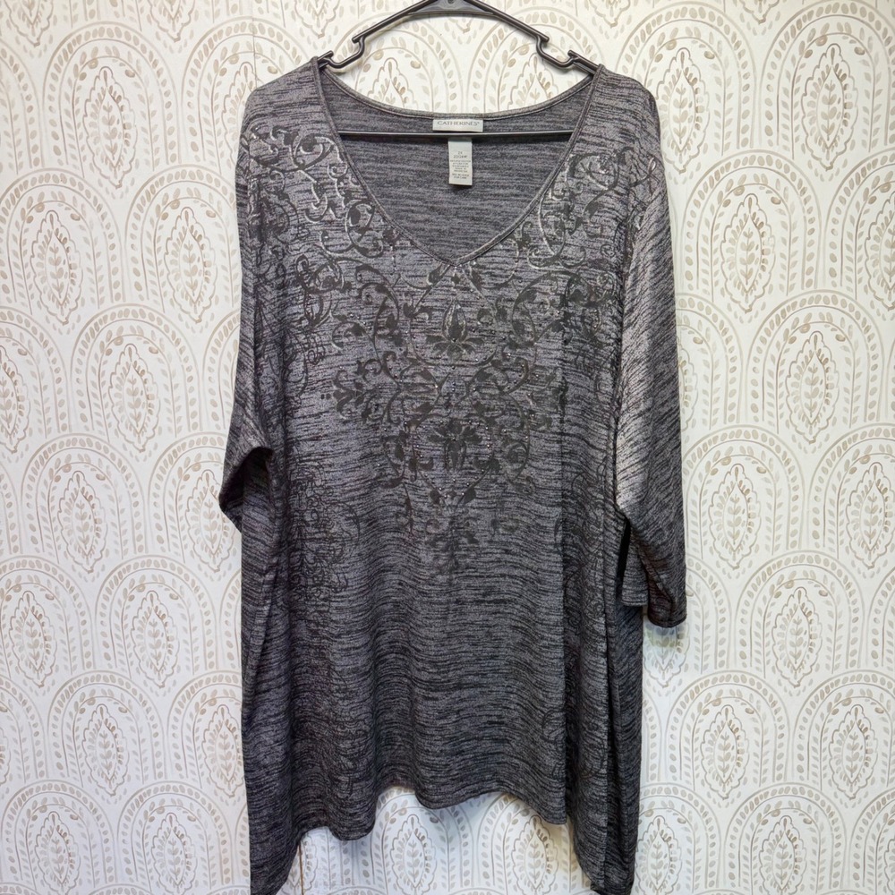 Catherines Tunic Top Women 2X Gray Space Dye Damask Rhinestone 3/4 Sleeve V-Neck